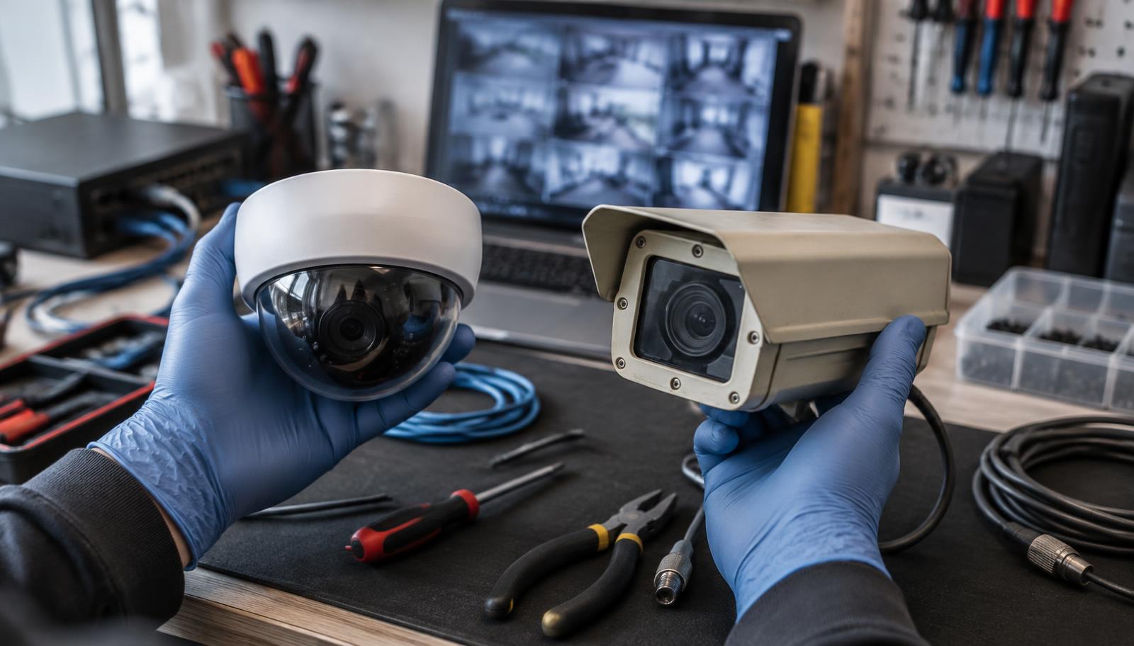 Technician comparing modern and older security cameras on a workbench