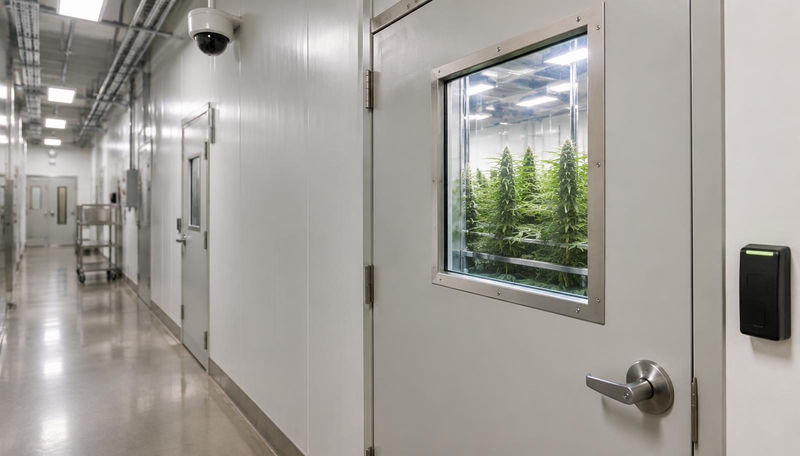 Secure corridor in a Colorado cannabis cultivation facility with a ceiling camera and card reader