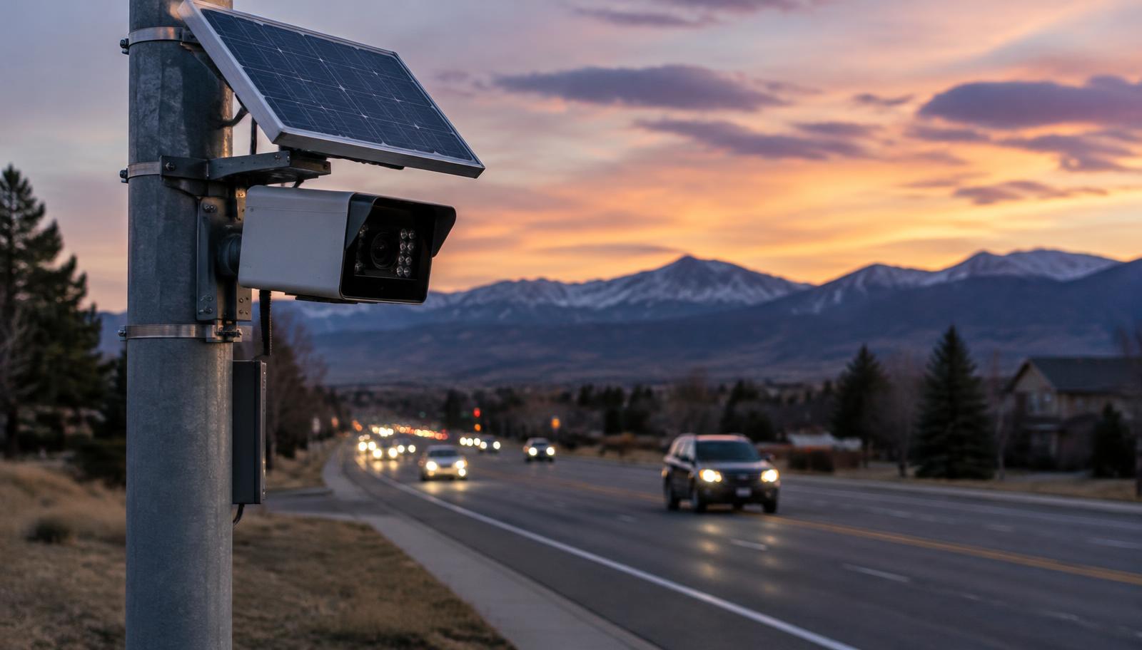 Solar powered license plate recognition camera on a pole beside a Colorado road at dusk