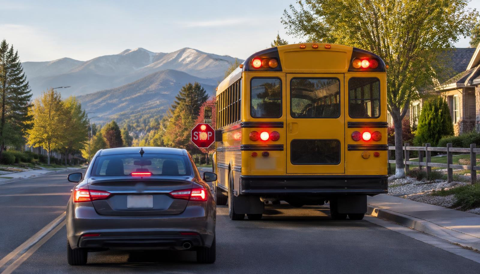School bus with its stop arm extended on a Colorado suburban street