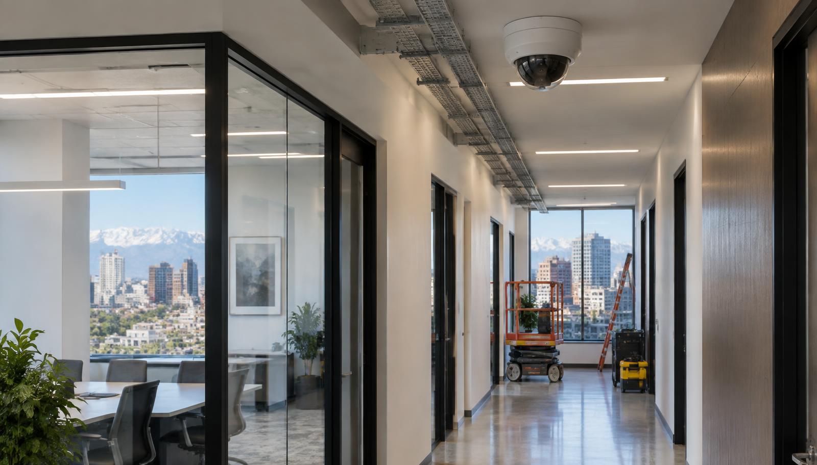 Commercial corridor security camera installation with tools and cable tray