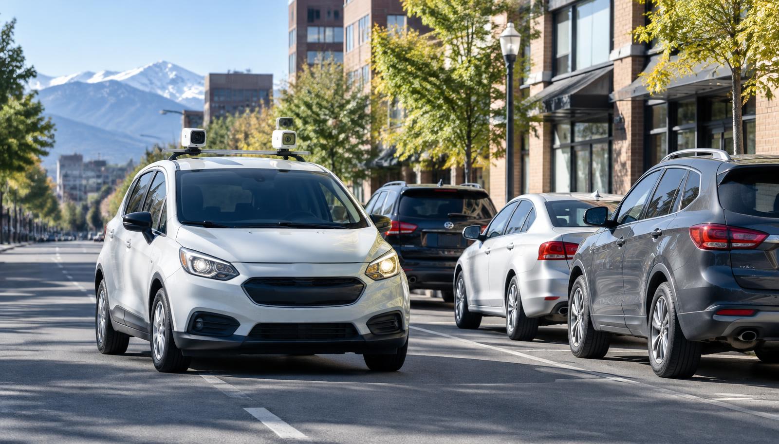 Parking enforcement vehicle with roof mounted plate recognition cameras on a downtown street