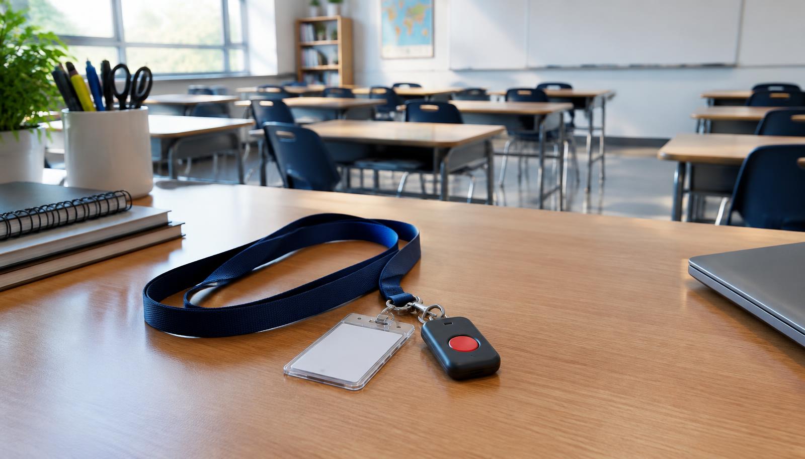 Staff lanyard with a wearable panic alert badge on a classroom desk