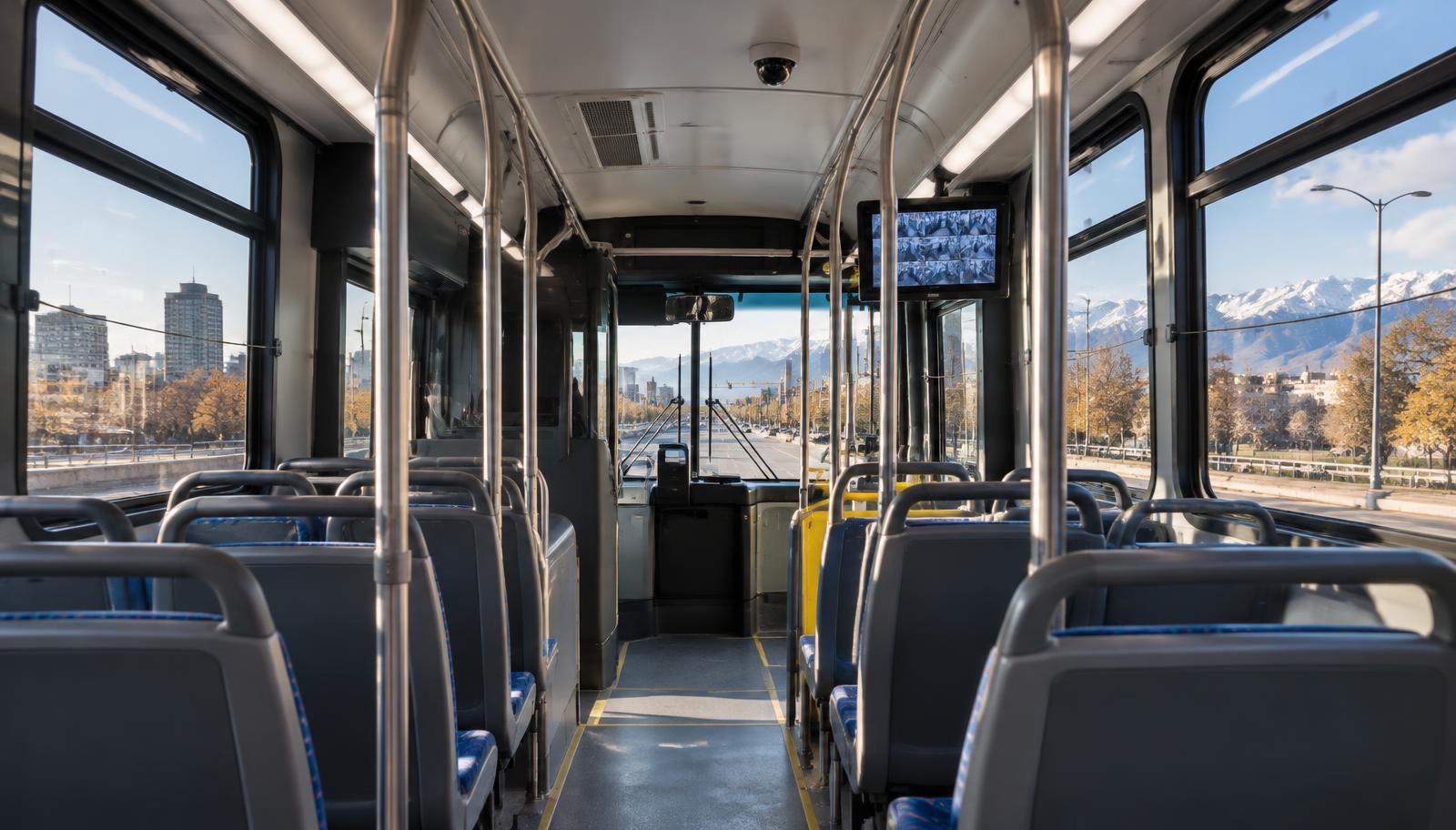 Empty Colorado transit bus with a ceiling camera and public view monitor near the operator area